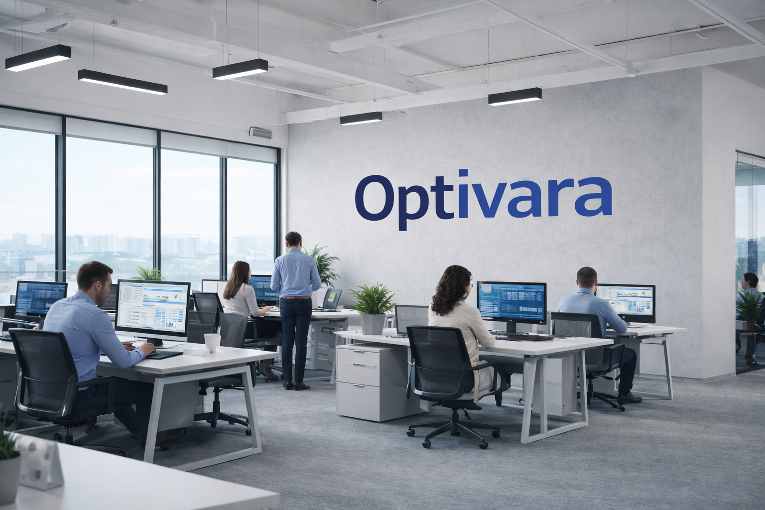 Modern office with Optivara logo